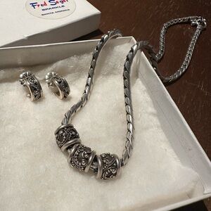 Lois Hill Matching-Sterling Silver Link Necklace W/3 Sliding Charms and Earrings